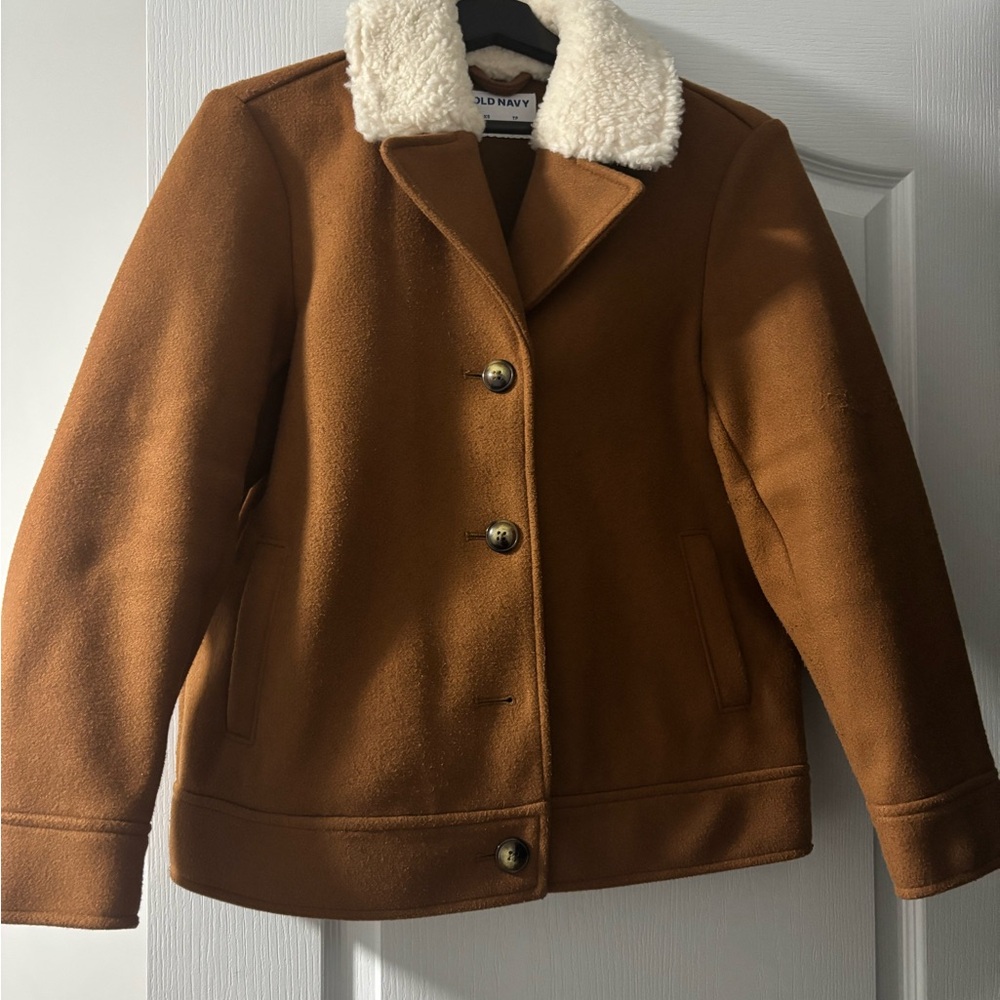 Old Navy Brown Pea Coat with Cream Wooly Collar